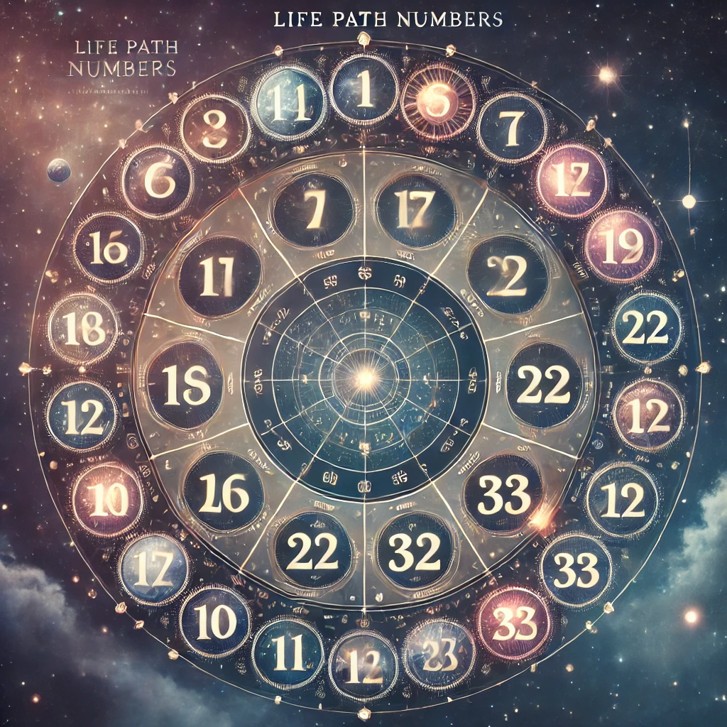 "A beautifully designed numerology chart displaying Life Path Numbers (1-9, 11, 22, 33) in a cosmic circular arrangement, symbolizing destiny and spiritual insights."
